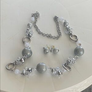 Elegant Gray Beaded Long Necklace with Matching Earrings
